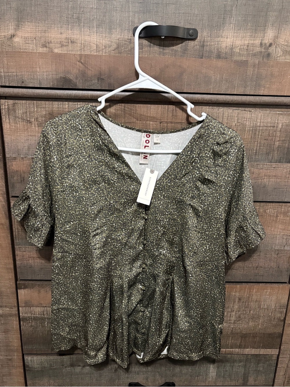 Dolan Olive Short Sleeve V-Neck Button Front Blouse